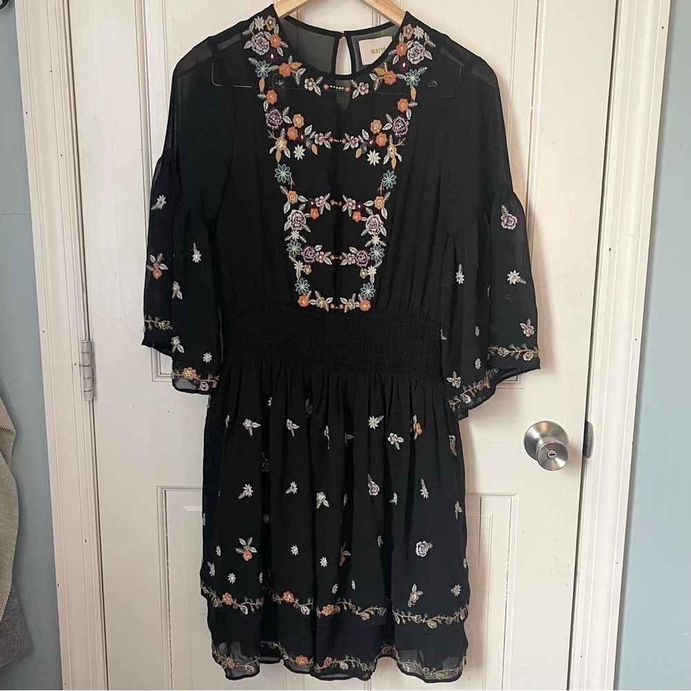 Anthropologie Maeve Anfisa Peasant Dress 4 Black Embroidered Smocked Sheer Boho - Picture 4 of 12